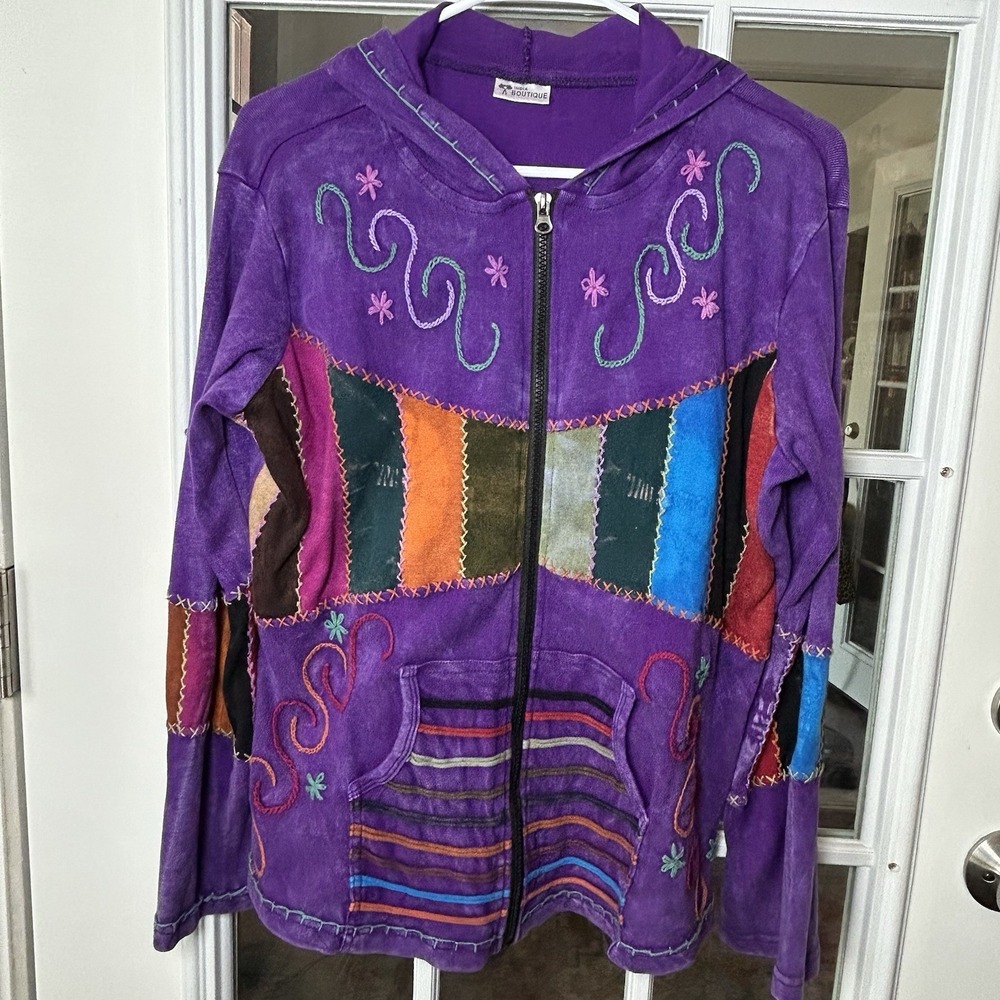 India Boutique Zip-Up Hoodieโ Size XL Patchwork Boho Festival